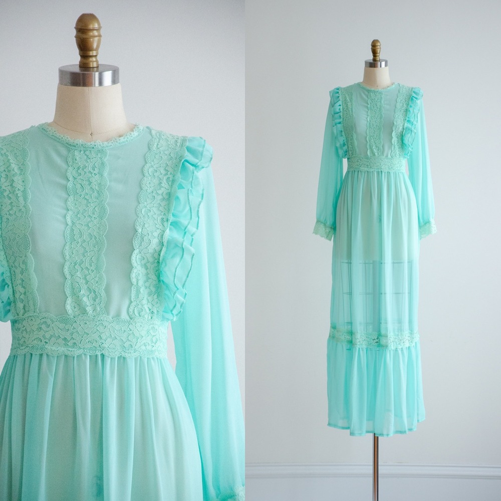 Vintage Style Maxi Dress Cottagecore Sheer Lace Ruffle M Mint Green 70s Repro